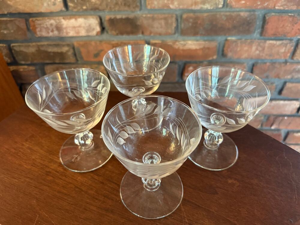 MCM Libbey Clear Glass Wheat Cut Cocktail Coupes/Sherbet Glasses - Set of 4